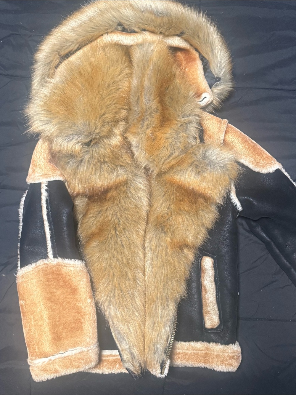 Boys Black Leather Shearling Jacket with Tan Fur Trim